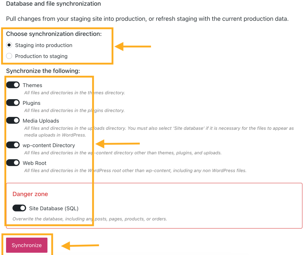 The options for syncing staging to production.