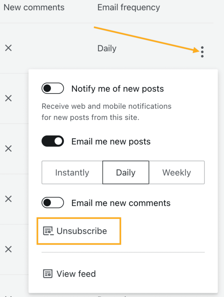 An arrow pointing to the three dots to the right of a blog title and a box drawn around the Unsubscribe option in the drop-down menu.