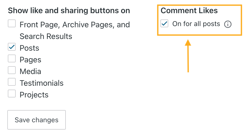 An arrow points to the comment likes checkbox.