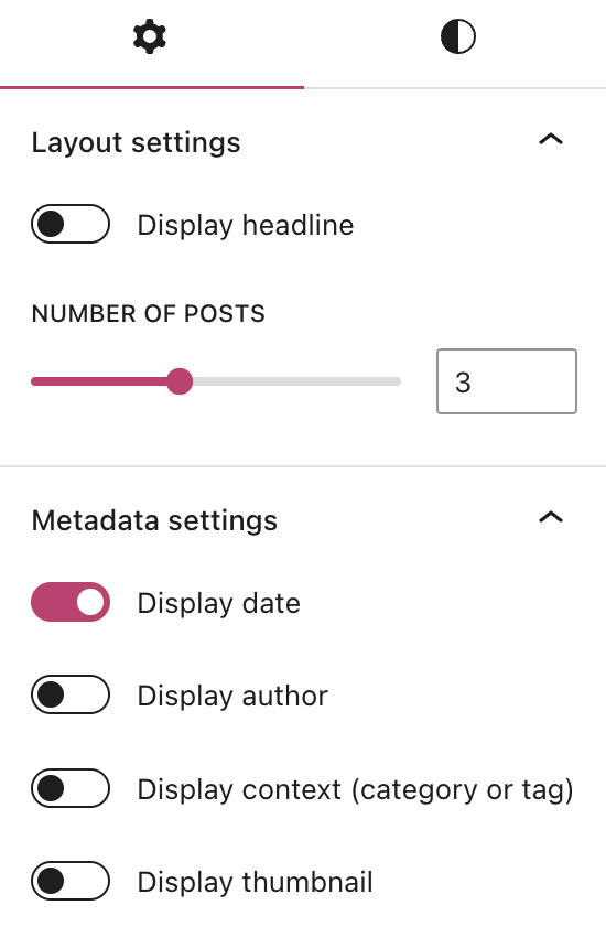 The Related Posts block layout settings, including the headline and number of posts to display.