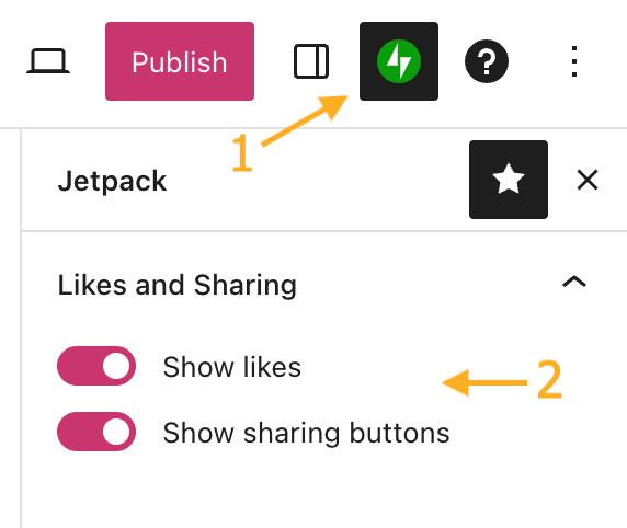 O ícone do Jetpack está selecionado e a seção Curtidas e compartilhamento é exibida abaixo.