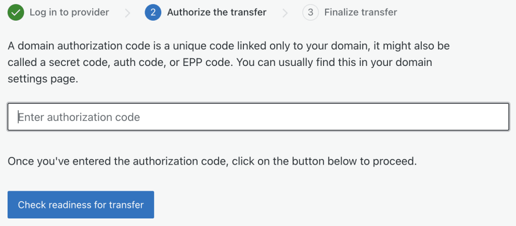 A tela para inserir o código de autorização do domínio. 