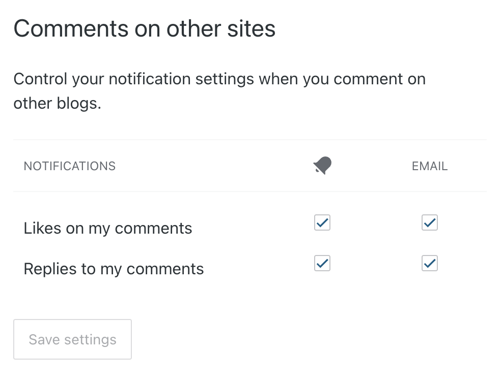 An example of an account's comment notification settings.