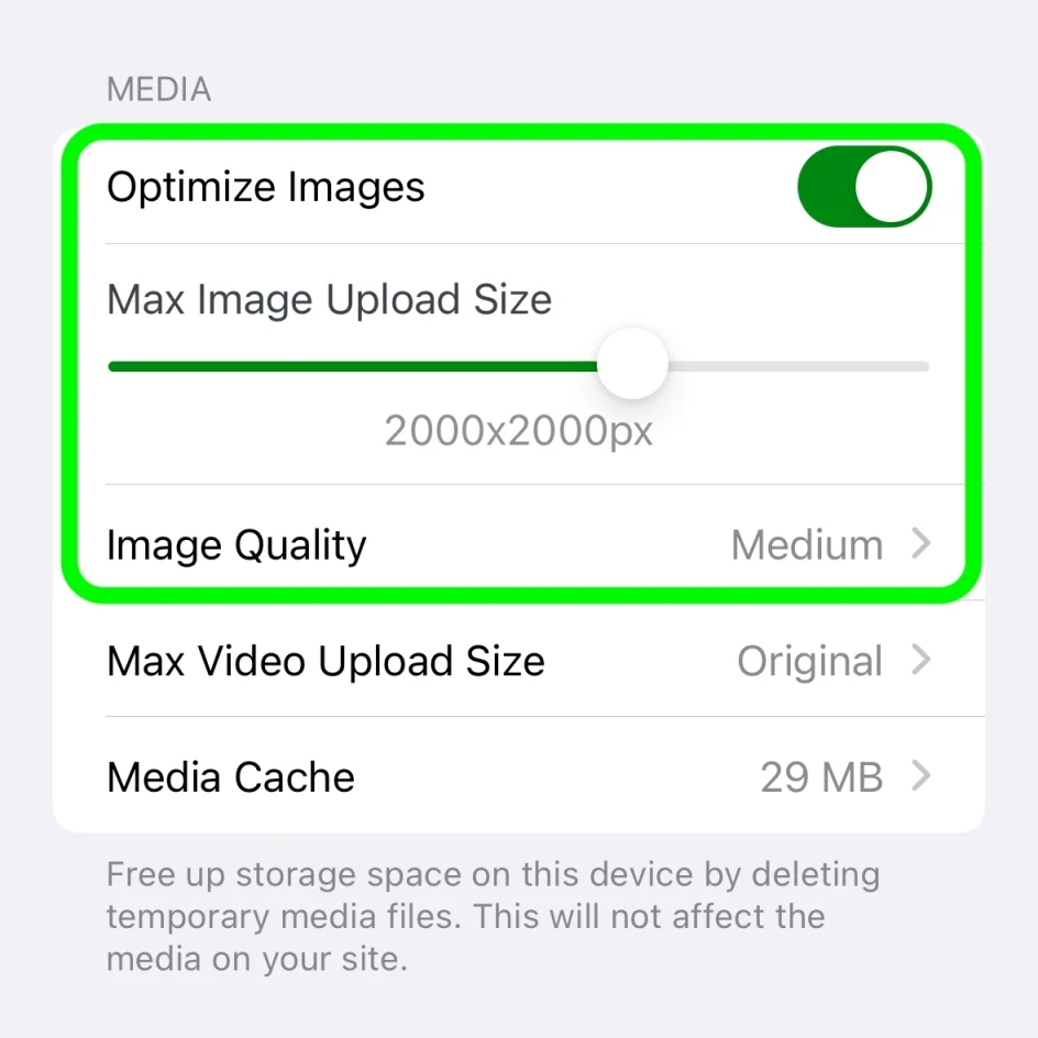 The Max Image Upload Size setting is highlighted.