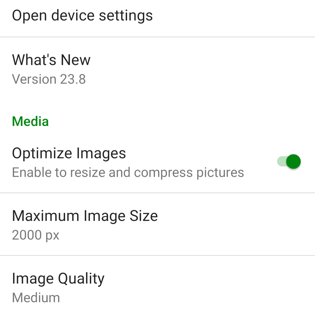 The Optimize Images setting is toggled on.