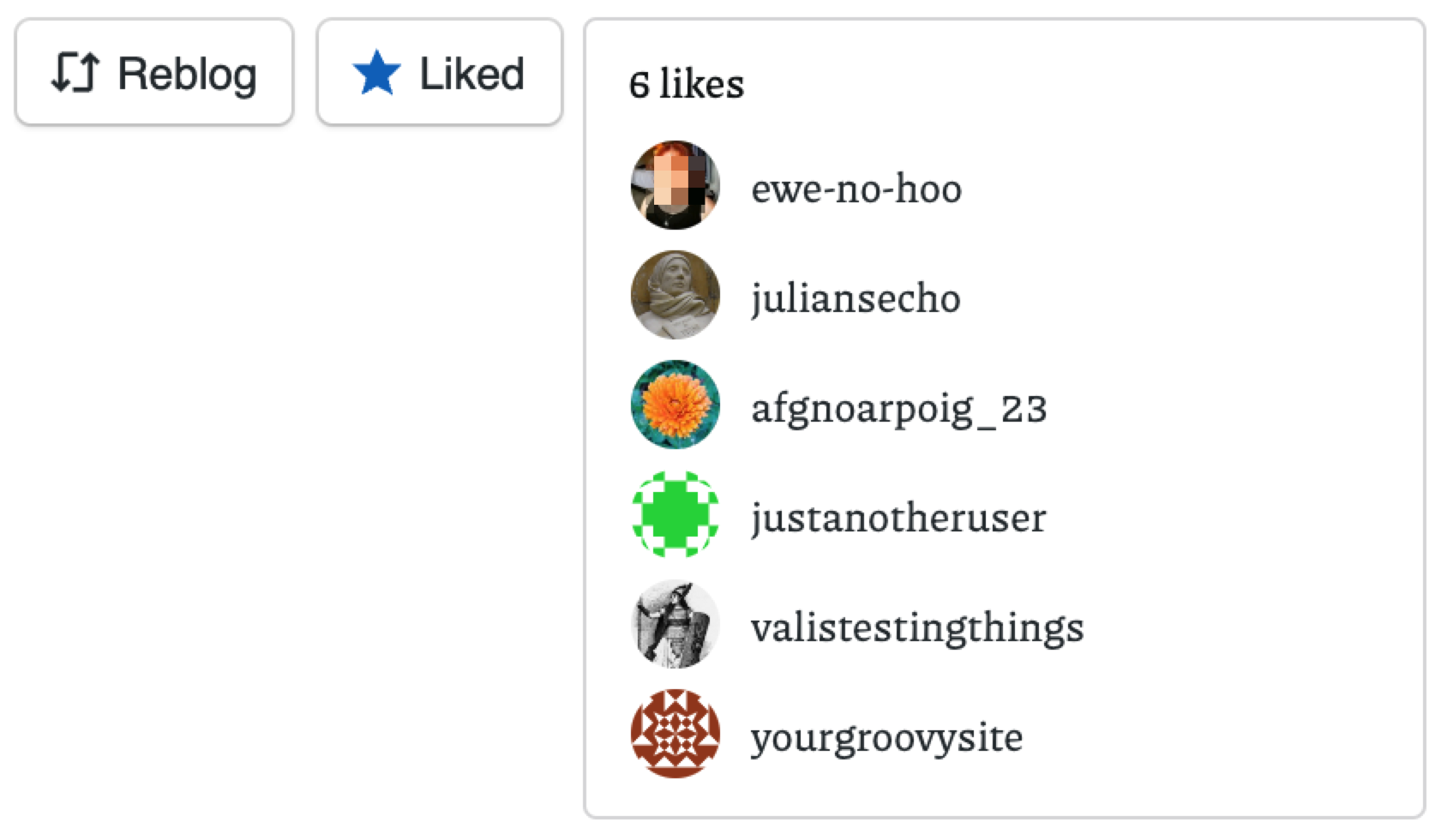 Captura de pantalla del botón Rebloguear y Me gusta, que muestra una lista deslizante de seis avatares y un recuento de seis Me gusta.