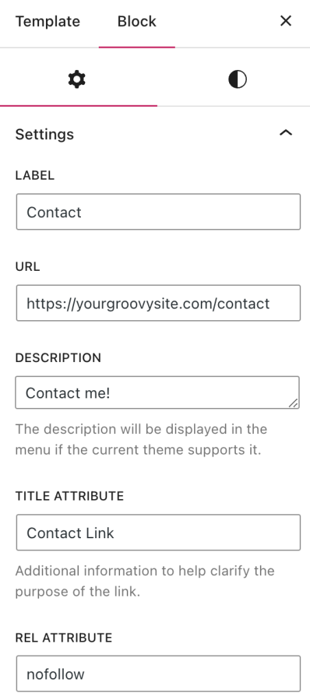 The individual link settings in the Block settings sidebar, with the option to set the Label, URL, Description and Title Attribute. 