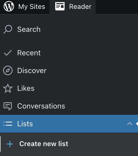 The "Reader" shows the "Create new list" option.