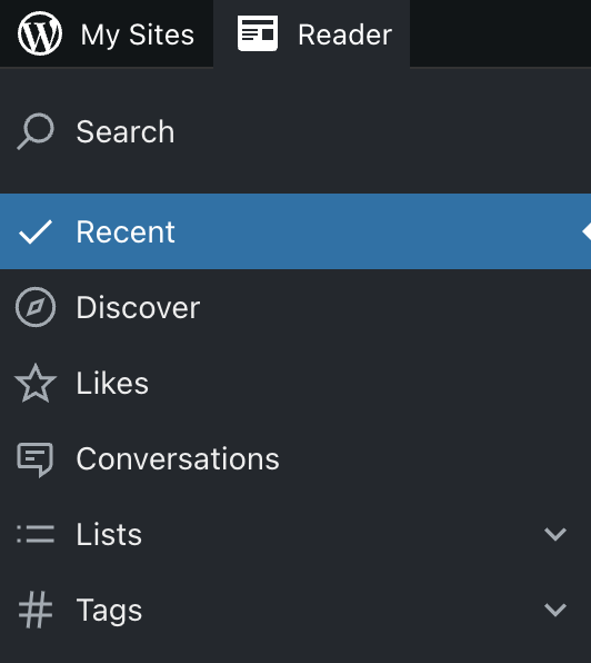 The navigation options in reader, with Recent highlighted.