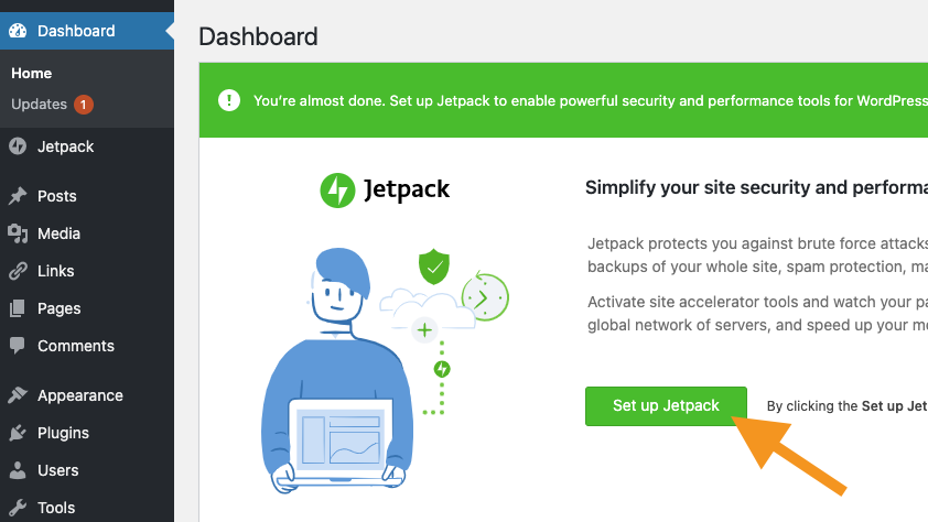 WP 管理員上的 Jetpack 模組，標題為「Jetpack：透過 Jetpack 簡化網站安全性與效能」，橘色箭頭指向「設定 Jetpack 按鈕」。