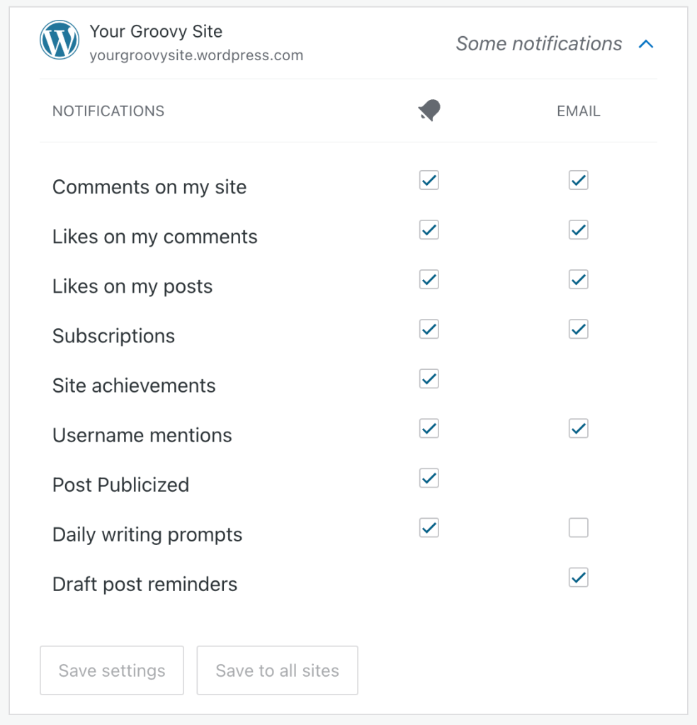 An example of a site's notification settings.