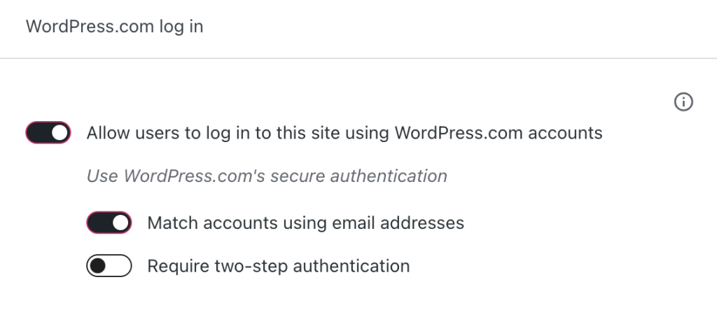 “设置 → 安全”屏幕，显示 WordPress.com 登录功能设置框，其中“允许用户使用 WordPress.com 账户登录此站点”选项已激活。