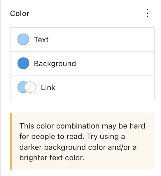 The color settings show two similar shades of blue selected for text and background, and the resulting contrast warning.