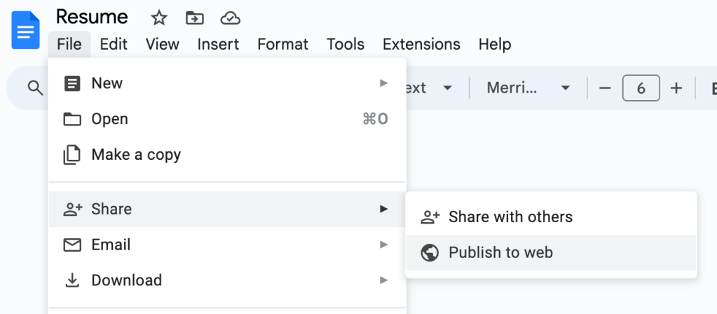 In the Google Docs File menu, Share is highlighted, and then the "Publish to web" option.