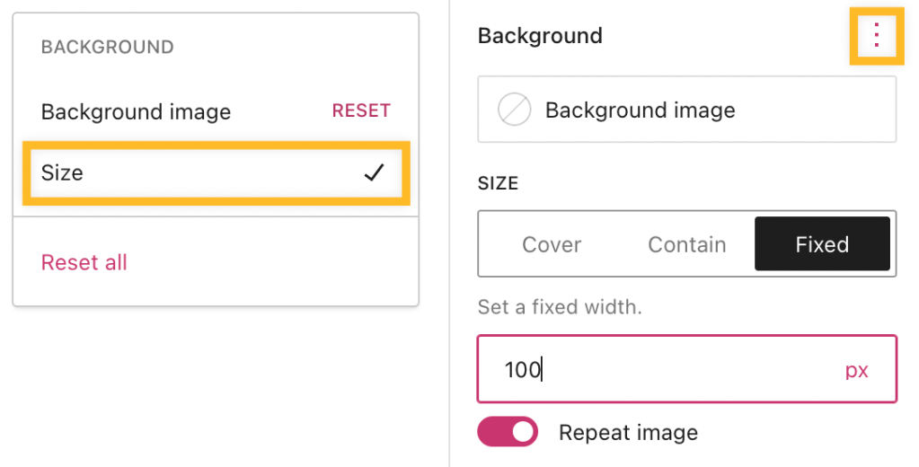 Displayed options for defining the sizing of Background Images for group blocks.