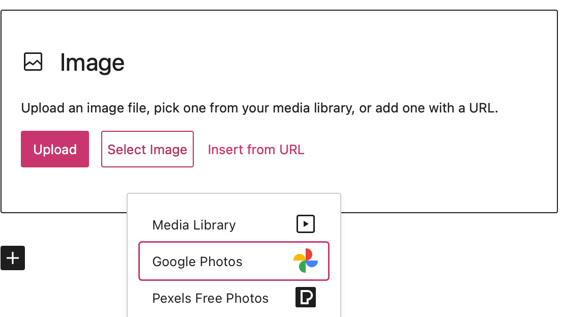 An Image block with the Select Image option clicked, and the Google Photos option highlighted.