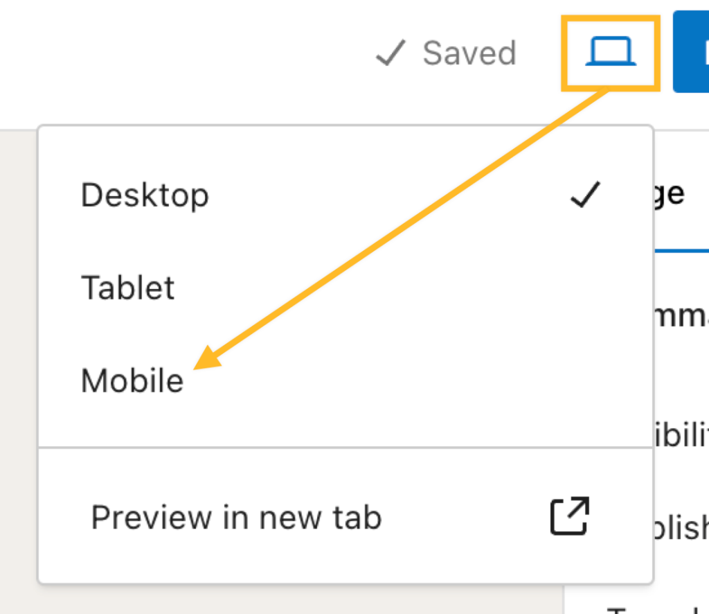 The Preview dropdown menu showing Desktop, Tablet, and Mobile views, with an arrow indicating the Mobile view