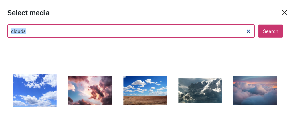 The user has searched for clouds, and multiple images featuring clouds are shown in the results.