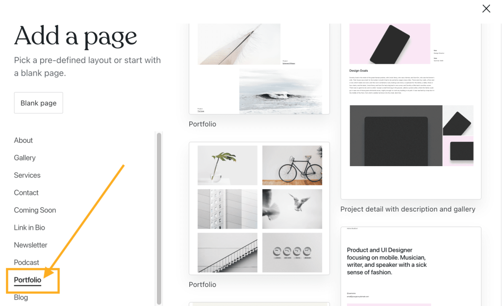 An arrow points to the Portfolio category of page layouts, with many portfolio designs shown.