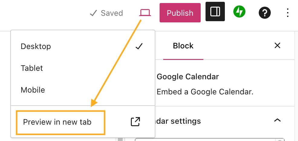 An arrow points to the 'preview in a new tab' option that appears at the top right corner of the editor.