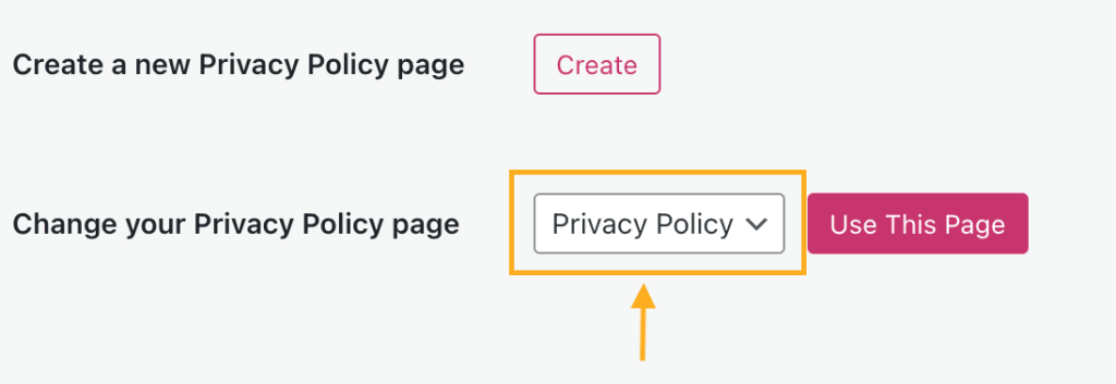 The page titled "Privacy Policy" is selected as the Privacy Policy page.