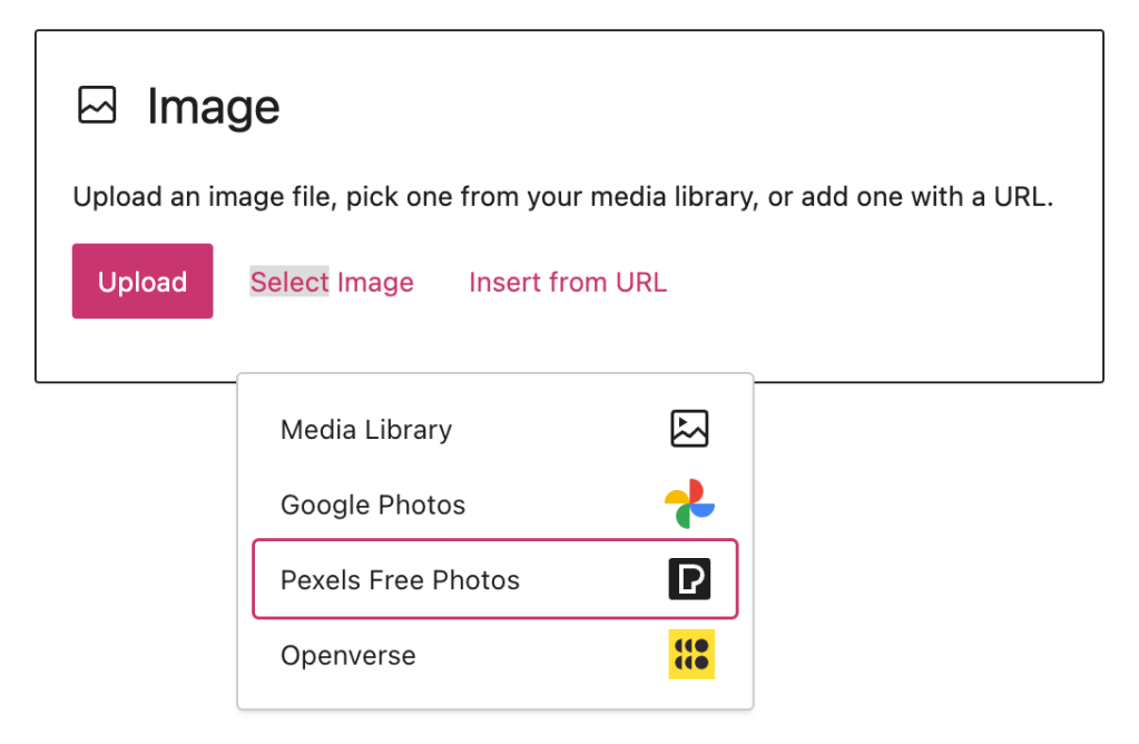 Select Image has been clicked, revealing the Pexels Free Photos option.