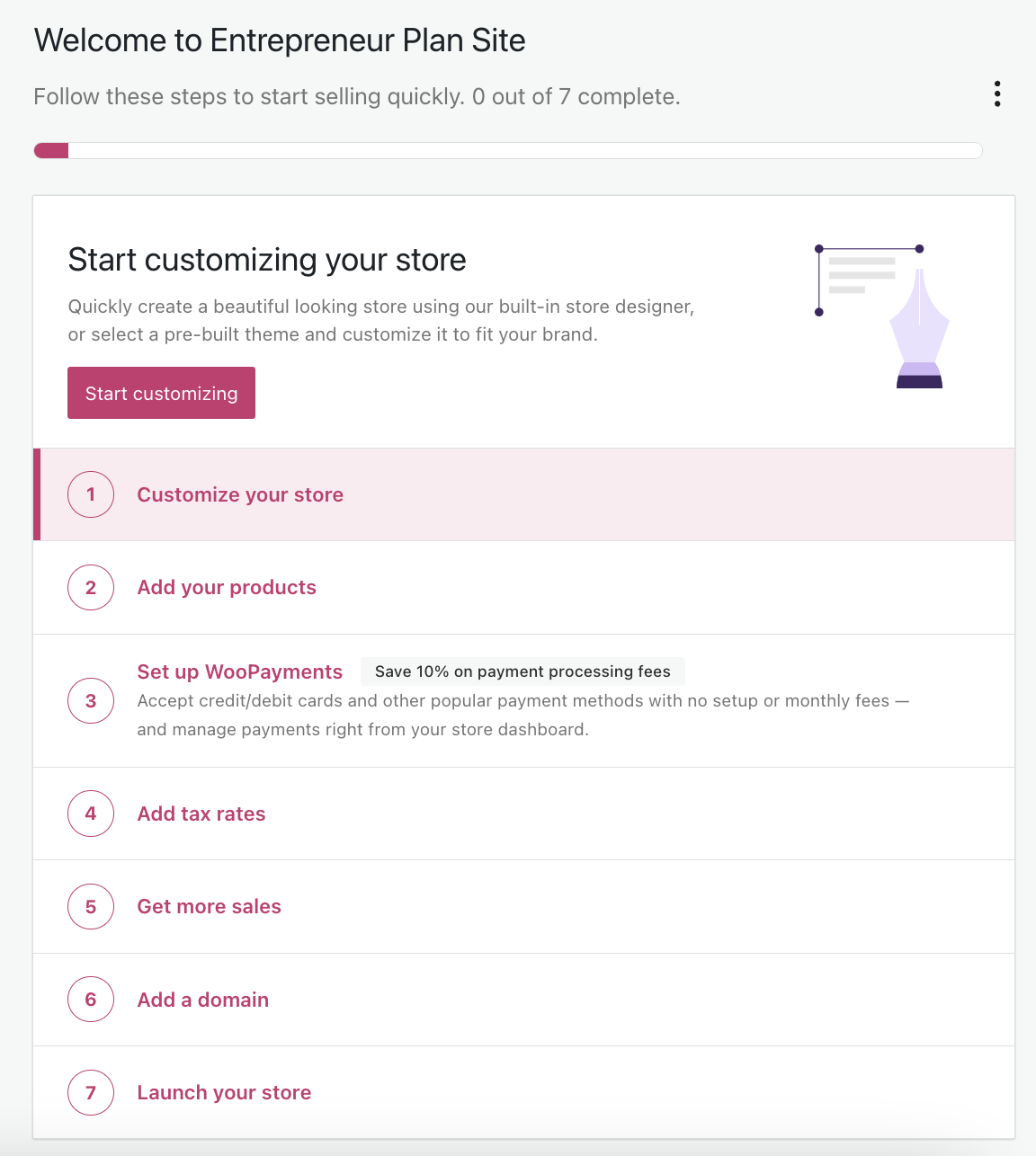 The WooCommerce checklist for walking you through setting up your store. 