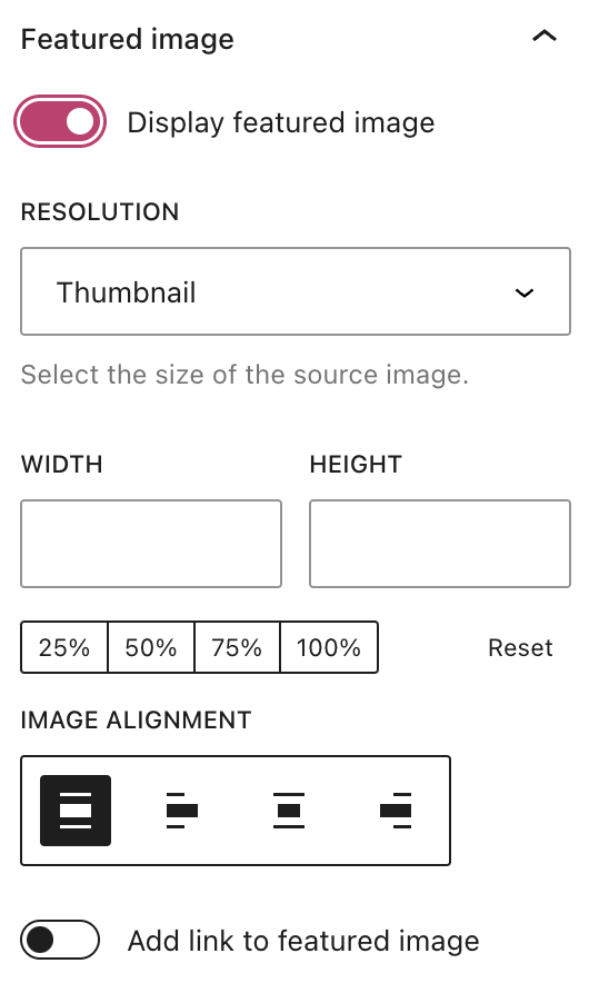latest posts block settings for featured images.