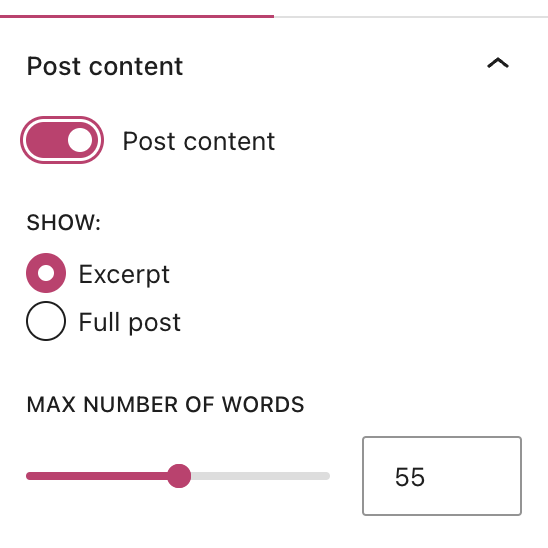 latest posts block settings for post content.
