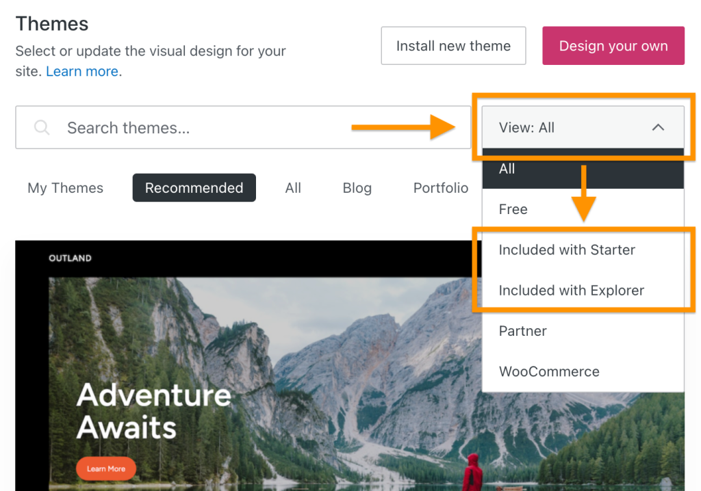 An arrow points to the View dropdown, which has been clicked to reveal options to view themes included with Starter and with Explorer.