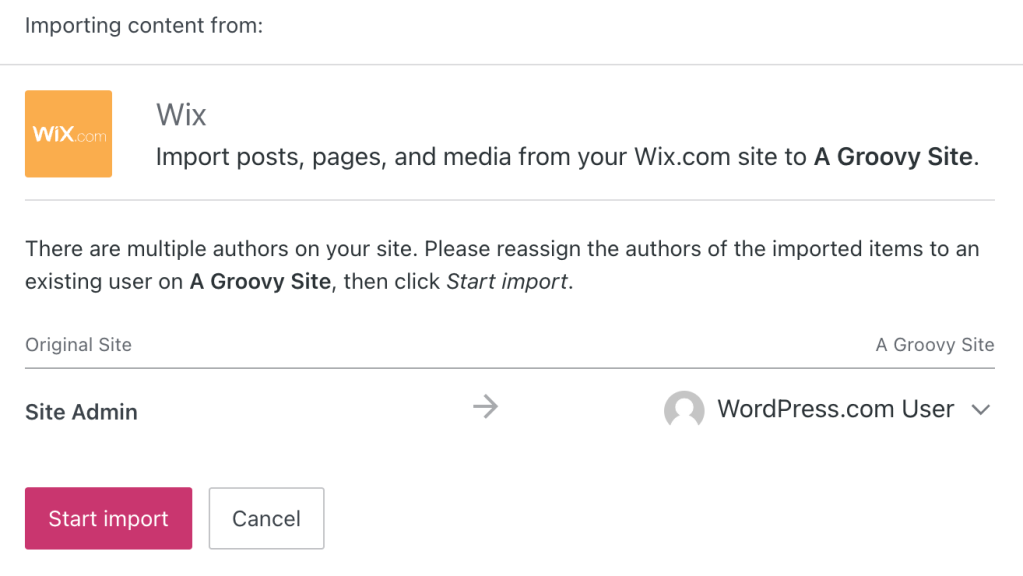 The Wix importer, showing the Start Import button.