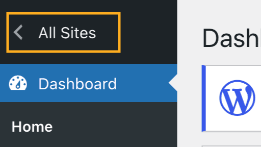 WP 管理員儀表板中「所有網站」選項旁的方框標示。