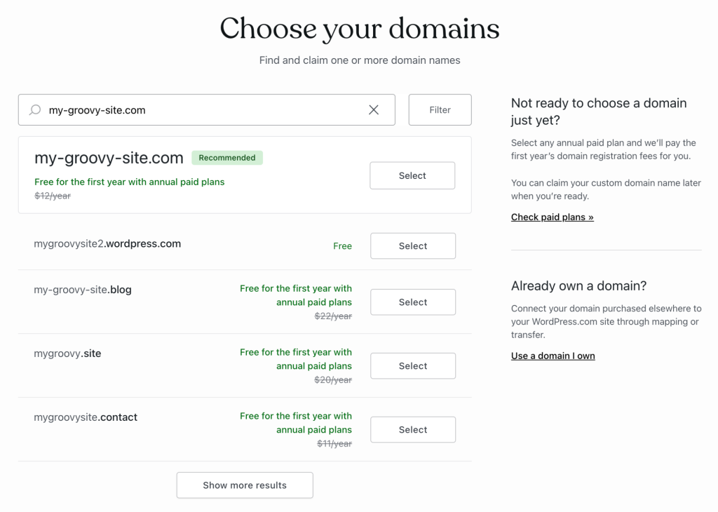 The "Choose your domains" page displaying the available options for the domain my-groovy-site.com.