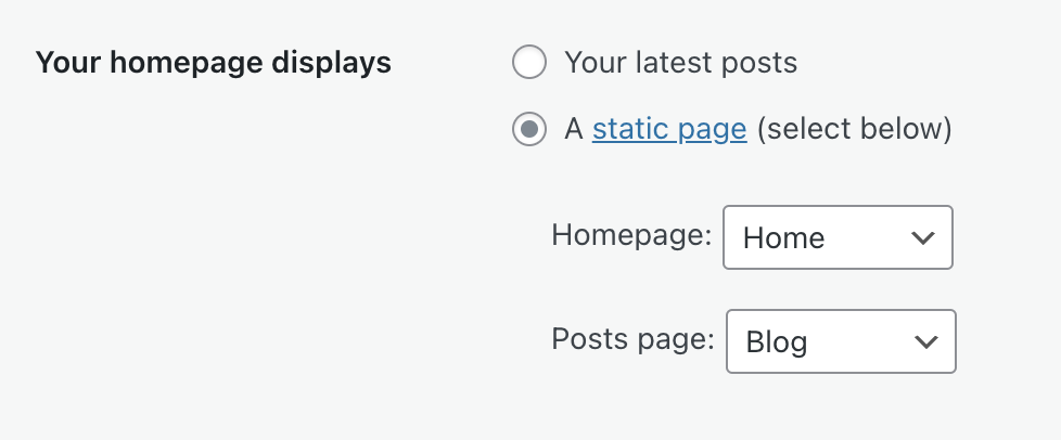A static page is selected, and pages are chosen for homepage and posts pags.