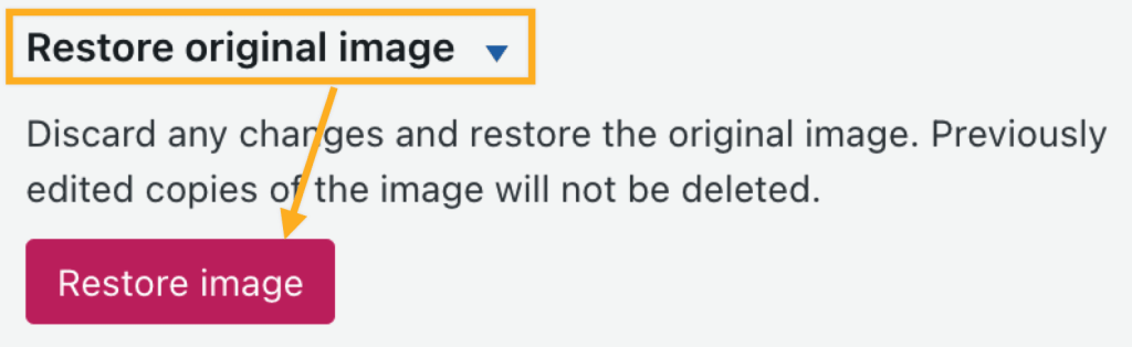 A box drawn around text that reads "Restore original image" with an arrow pointing to a button labeled "Restore image".