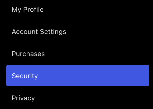 The Security option highlighted in blue