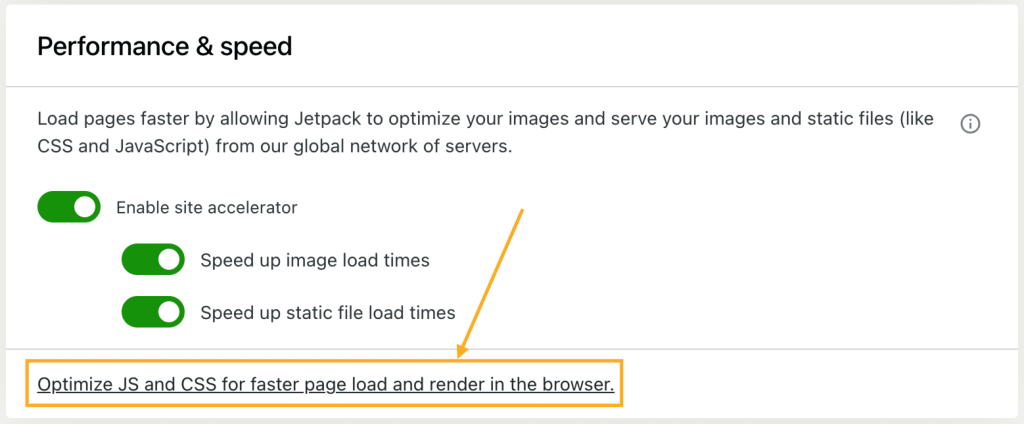 The setting for "Optimize JS and CSS for faster page load and render in the browser" is marked with an arrow.