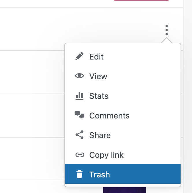 From the three dots to the right of any post or page in the list, Trash is the last option.