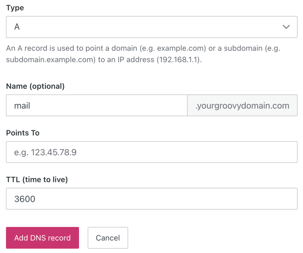 Adding an A record to the domain. The 'Add DNS record' button is shown in pink.