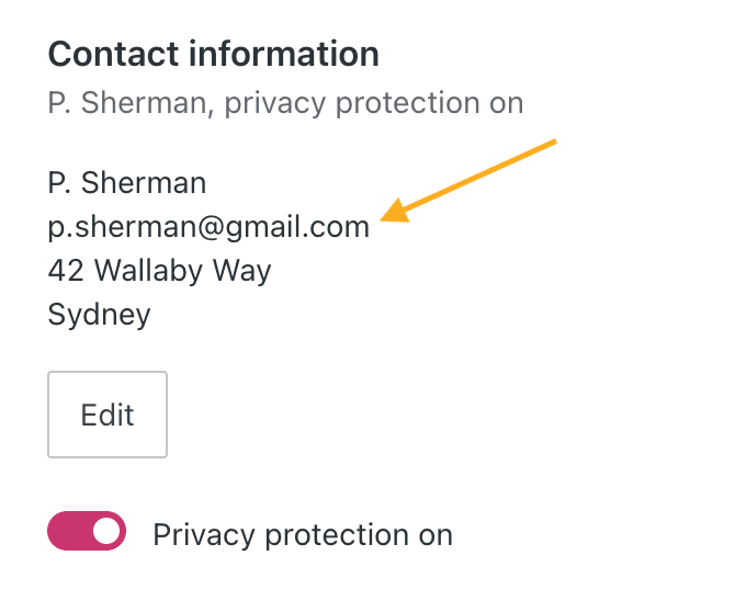 An arrow points to the domain's contact email.
