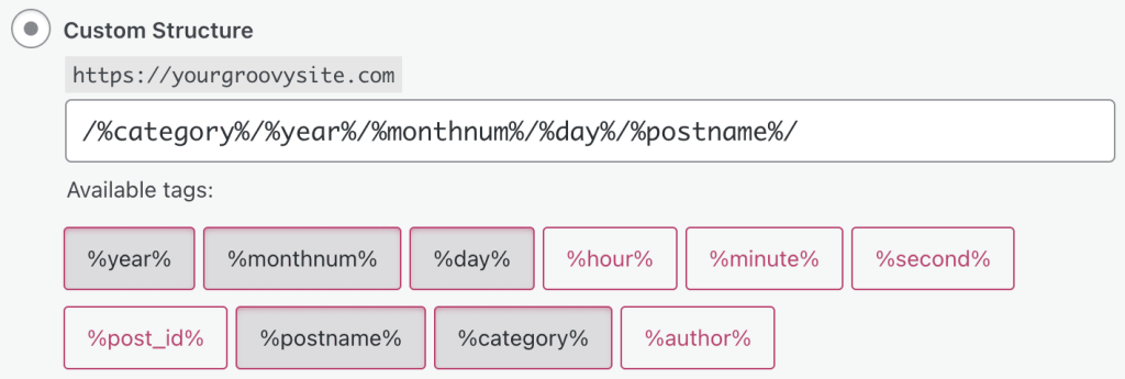 An example of custom structure is in the Permalinks structure section, displaying the category, year, month, day, and post name. 