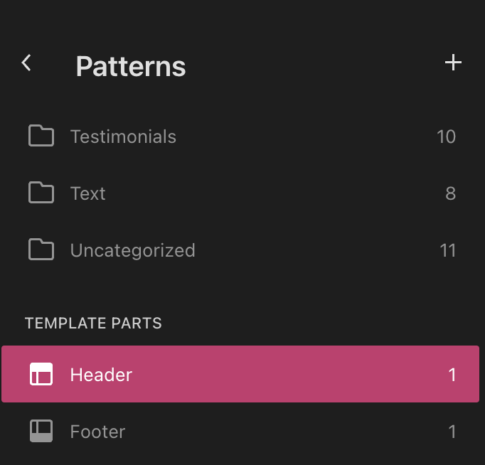 The Header template part is highlighted at the end of the Patterns list.