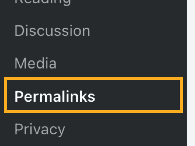 The Permalinks option under Settings, with a box drawn around the text. 