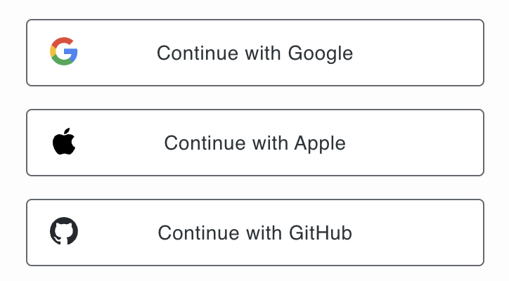 Knappar för att logga in med Google, Apple och GitHub visas.