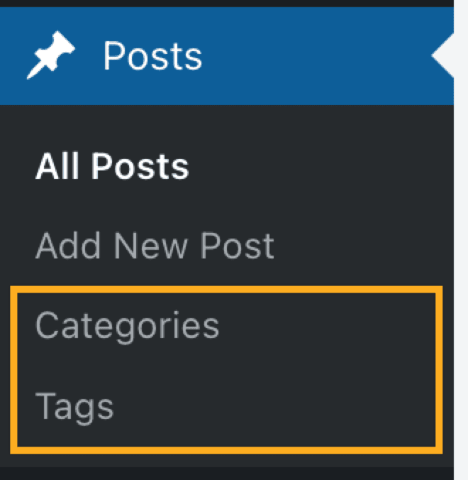 Dashboard sidebar settings for Posts, with options to edit categories and tags.