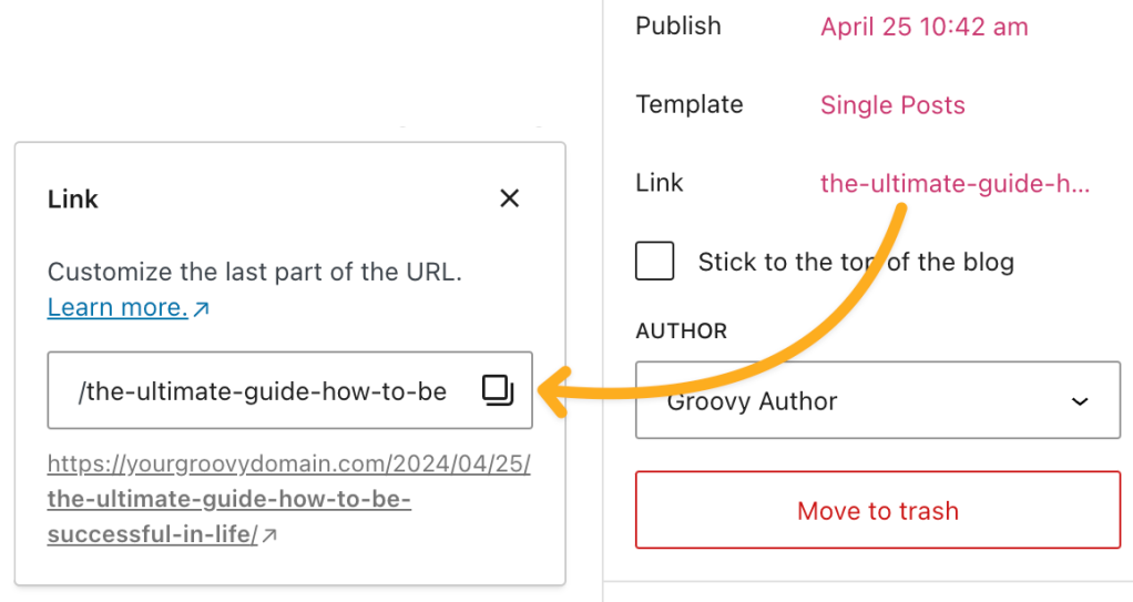 An arrow pointing from the link section of the sidebar settings to the field to change the link. 