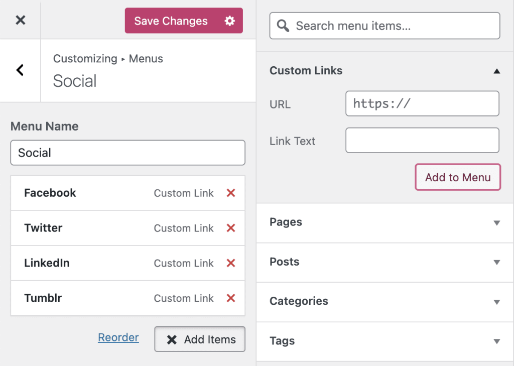 Personalizza apre l'editor Menu che mostra un menu chiamato Social e diversi link social aggiunto tramite l'opzione Link personalizzati. 